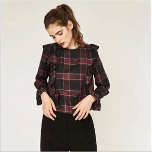 ✨NWT Zara Gray Red Plaid Flannel Long Sleeve Ruffle Trim Blouse Top Size XS